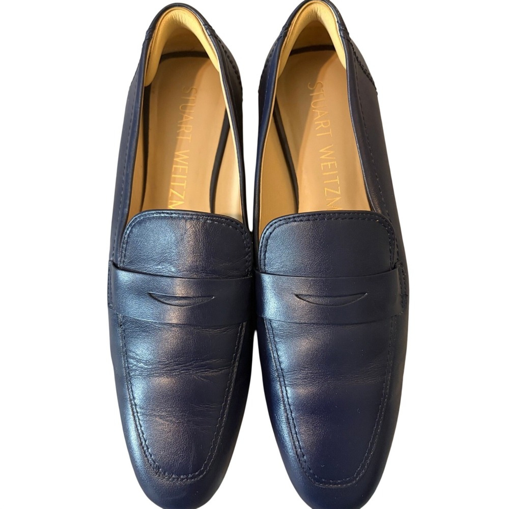 Stuart Weitzman Navy Leather Penny Loafers Made in Spain Womens 8.5 B Academia